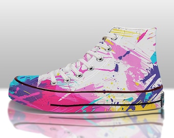 May include: White high-top sneakers with a colorful abstract paint splatter design. The sneakers have pink, yellow, blue, and purple accents.