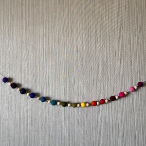 Felt Ball Banner with Wooden Beads, Rainbow Felt Balls Banners, Pastel Felt Bunting, Custom Felt Ball Banner, Nursery Decor, Kids Room Decor