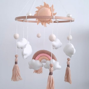 Boho Rainbow Baby Mobile: Felt Clouds, Sun, Tassels, Beads, Rainbow, Neutral Nursery Decor