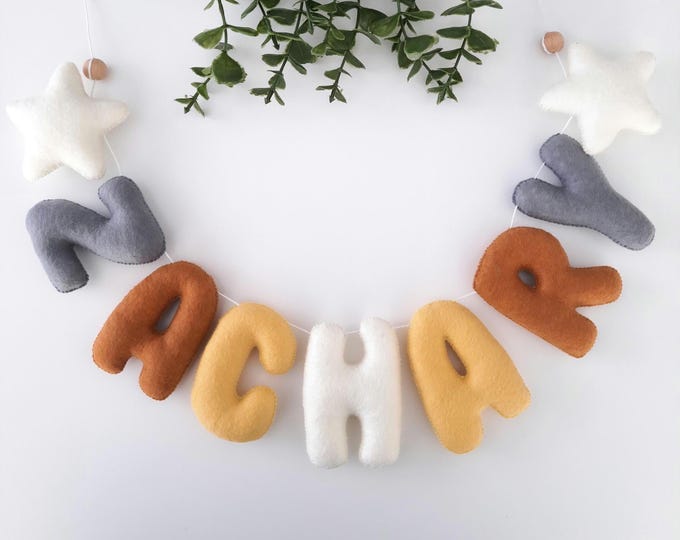 Custom Felt Name Garland: Handmade Nursery Decor with Clouds, Stars, Hearts
