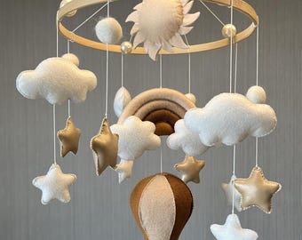 Hot Air Balloon Baby Mobile: Felt Clouds, Stars, Rainbow Nursery