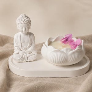 Può includere: Una statua di Buddha in ceramica bianca è accanto a un portacandele bianco a forma di loto con fiori rosa. Entrambi sono su un vassoio ovale bianco, su uno sfondo di tessuto neutro. Il Buddha è in posizione di meditazione.
