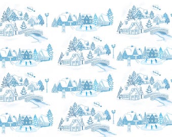 May include: A repeating pattern of blue and white winter village scenes. Each scene features a small town with houses, trees, and a bridge over a river. The houses are decorated with snow and icicles. There are people ice skating on the frozen river.