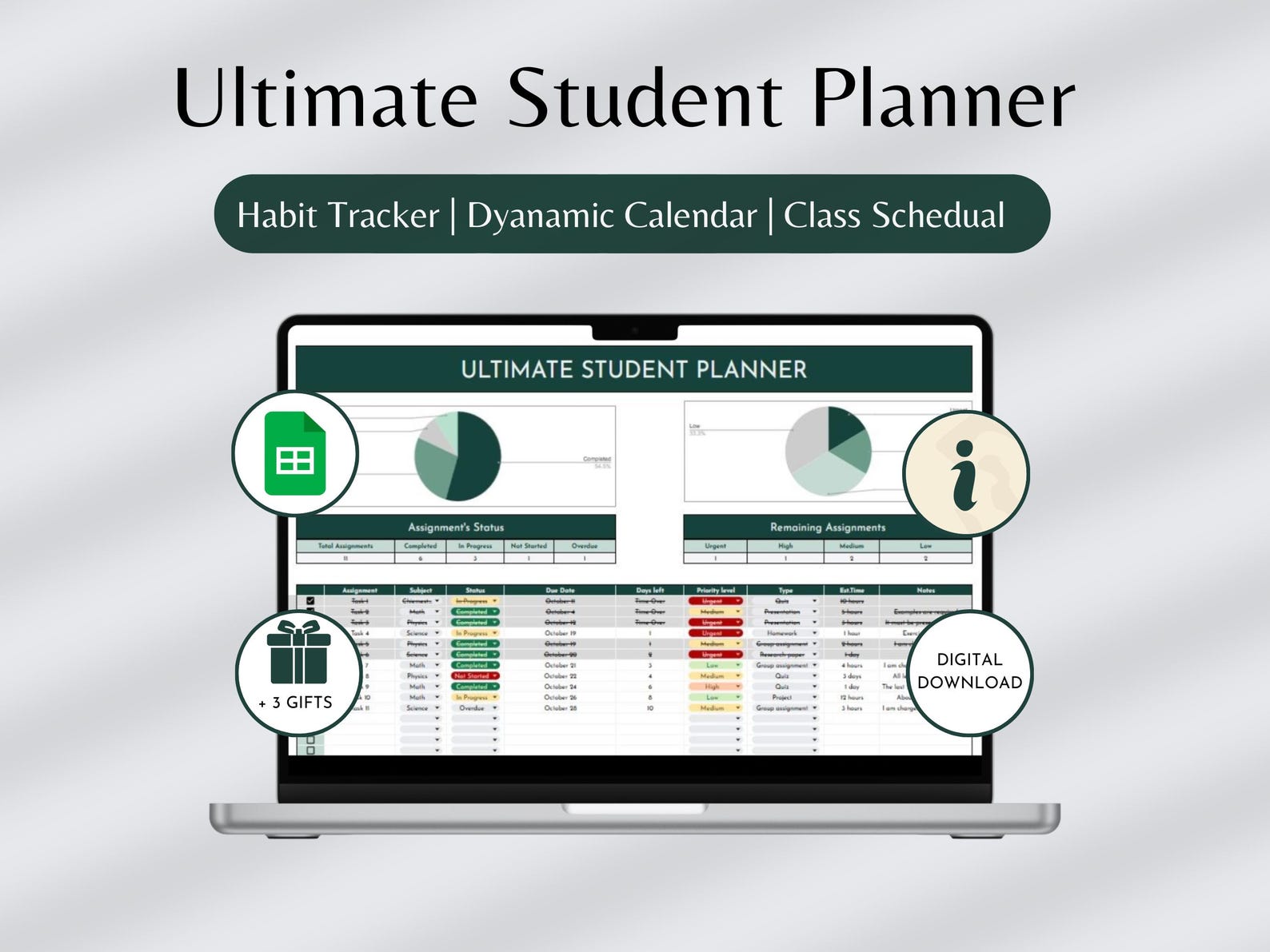 Online Study Planner, Course Schedule Planner, Google Sheets Assignment ...