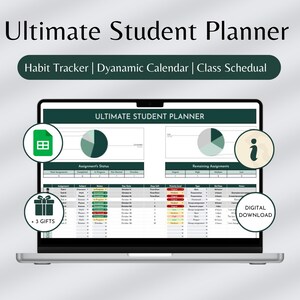 Puede incluir: Una pantalla de computadora portátil que muestra un planificador de estudiantes digital con un esquema de color verde y blanco. El planificador incluye secciones para el seguimiento de hábitos, un calendario dinámico y un horario de clases. El texto "Ultimate Student Planner" se muestra en la parte superior de la pantalla. El texto "Descarga digital" se muestra en la esquina inferior derecha de la pantalla.