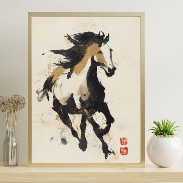 Impresión artística de pared de caballo de Año Nuevo chino, pintura abstracta en tinta, decoración estética asiática moderna, obra de arte minimalista en negro y dorado.