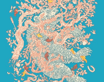 May include: A stylized illustration of a bear with a tree growing out of its body. The bear is light blue and the tree is pink and white. The background is a solid light blue.