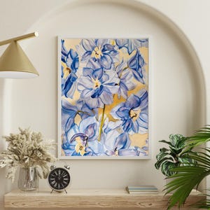 Blue Delphiniums Wall Art, Botanical Delphiniums Wall Art, Wall Hanging, Office Decor, Home Decor, Artistic Blue Delphiniums Print