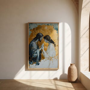 Può includere: Un dipinto che raffigura due figure, un uomo e una donna, con la testa china in preghiera. Il dipinto è realizzato in una gamma di colori blu e oro e presenta uno sfondo testurizzato.
