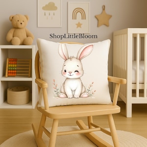 Winking Bunny Nursery Cushion Cover - Cute White Rabbit Pillow for Kids Room - Soft Baby Shower Gift - Woodland Animal Decor - Couch Pillows