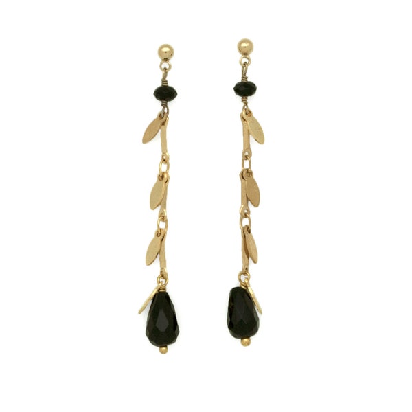 Boucles onyx noir et plaqué or feuille végétal longue fine breloque chaine pierre semi précieuse cristal perle facette bijoux pour femme