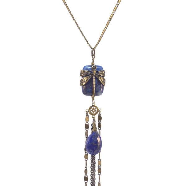 Sautoir Lapis Lazuli libellule bronze laiton vintage pierre bleu semi précieuse cadeaux femme fille art nouveau déco