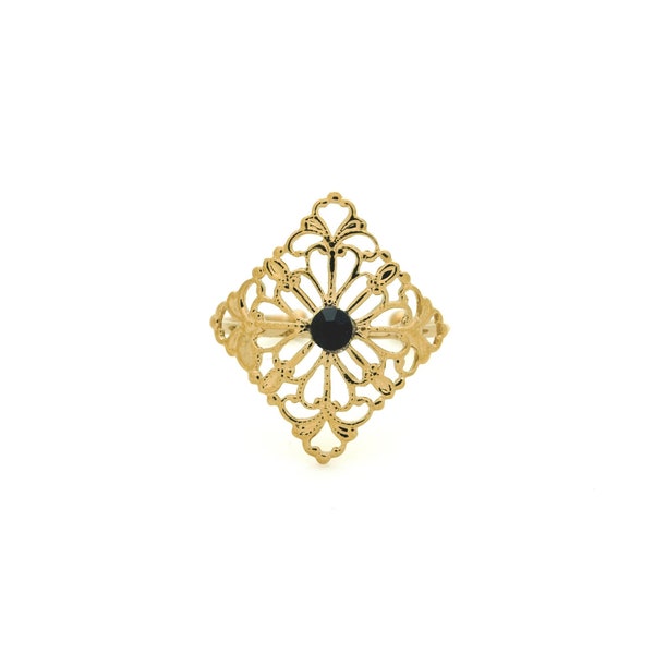 Anello diamante placcato nero Crystal Gold fine 18 carati regolabile ragazza donna pizzo presenta originale nuovo Deco belle fatte a mano