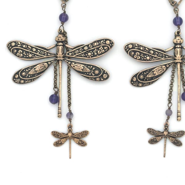 Boucles "Demoiselles" Grande et petite libellule améthyste laiton bronze pierre fine semi-précieuse violet vintage art nouveau