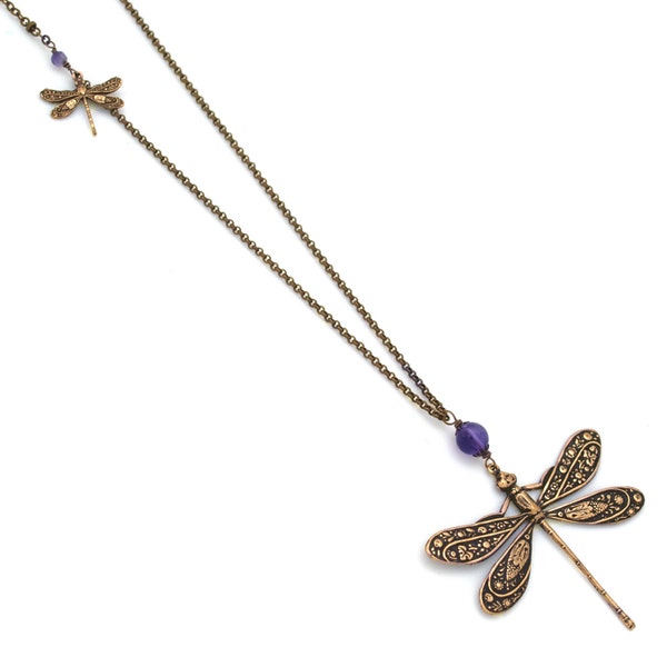 Sautoir "Demoiselles" Grande et petite libellule améthyste bronze pierre fine semi-précieuse violet vintage romantique art nouveau