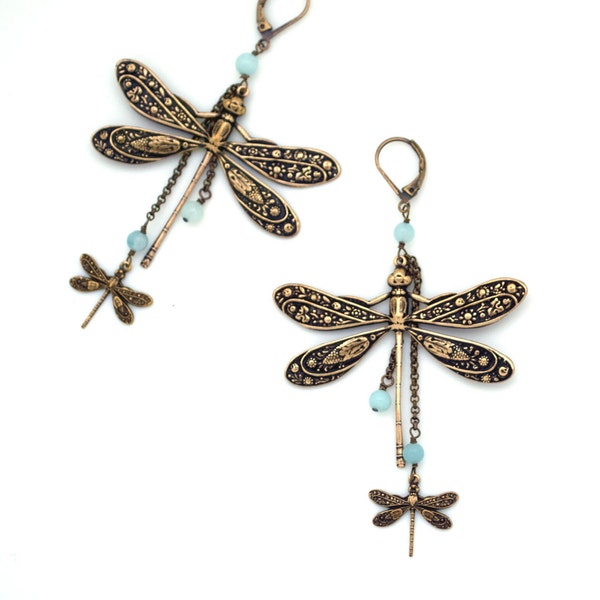Boucles "Demoiselles" Grande et petite libellule amazonite laiton bronze pierre fine semi-précieuse bleu vintage art nouveau