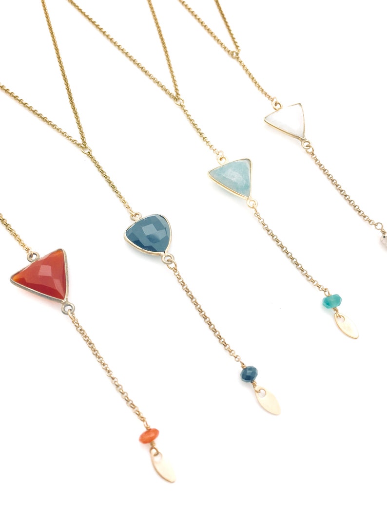 Necklace Y triangle gold semi-precious stone geometric superimposed art deco gilded with fine gold handmade workshop designer green emerald