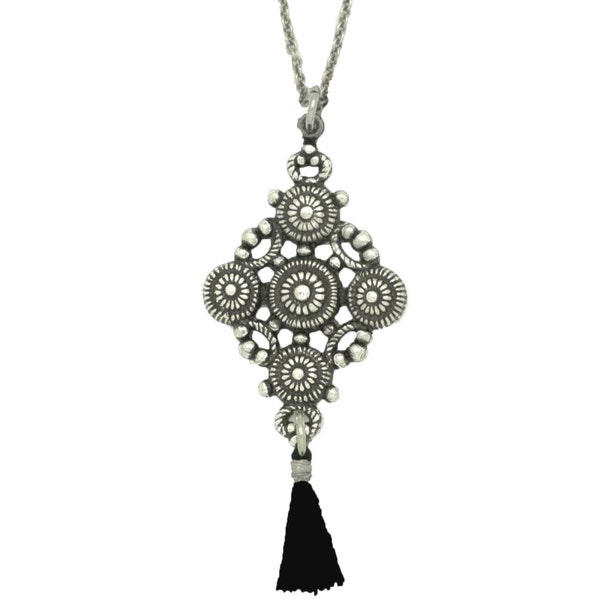 Sautoir pendentif plaqué argent vieillit pompon noir argenté soirée journée ethnique chic cadeau femme original perle romantique valentin