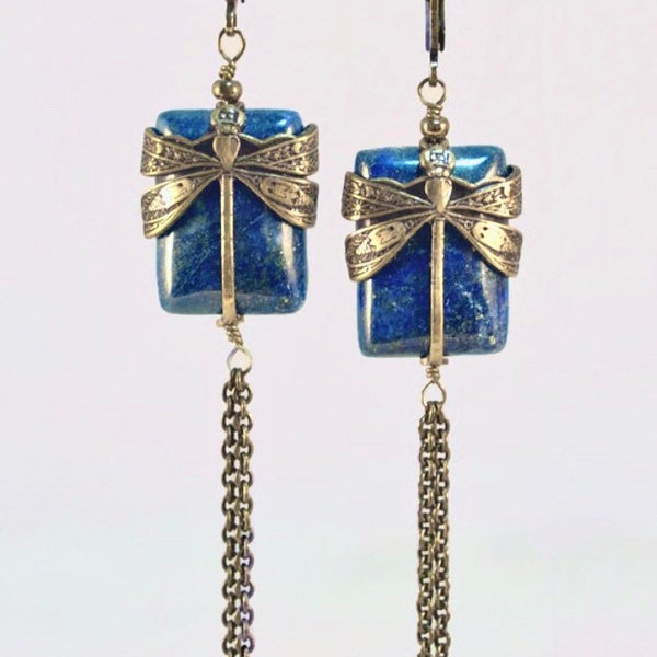 Boucles d’oreilles "Petites Demoiselles" Lapis Lazuli libellule bronze laiton vintage bleu pierre semi-précieuse