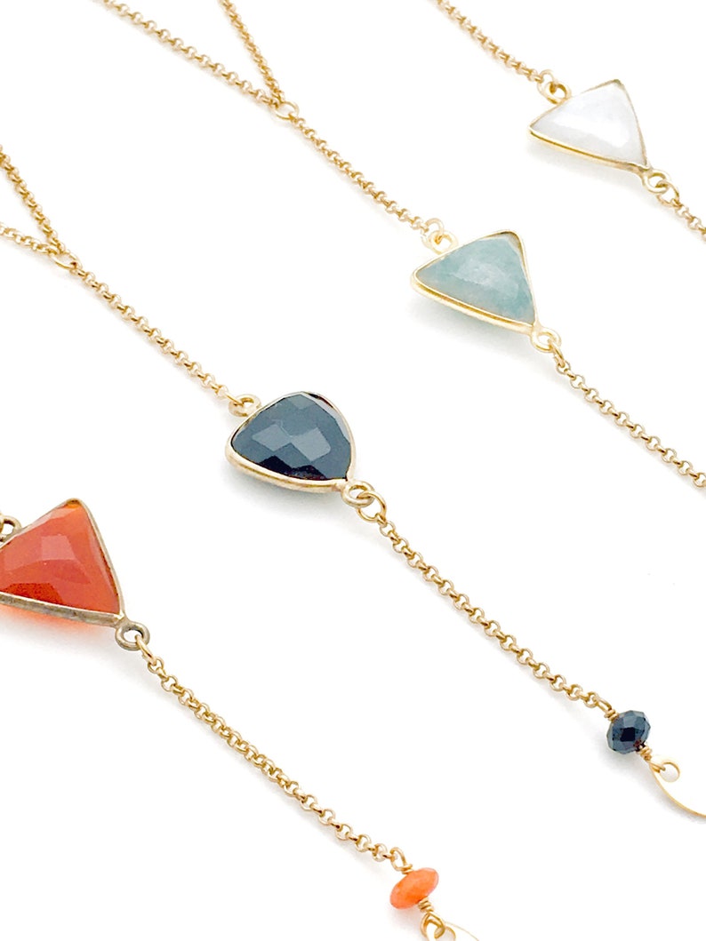 Necklace Y triangle gold semi-precious stone geometric superimposed art deco gilded with fine gold handmade workshop designer green emerald