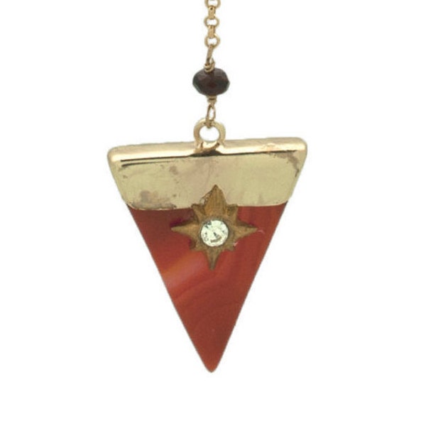 Collier Y orange pierre fine cornaline  sautoir femme triangle femme cadeau vintage graphique contemporain étoile cosmique pendule