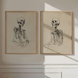 May include: Two framed art prints featuring skeletal illustrations. The black and white drawings depict the human skeletal structure in a detailed, artistic style. The prints are displayed in a room with white walls and a window.