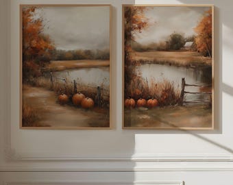 Vintage Fall Landscape Print Set: Rustic Farmhouse Pumpkin Decor (Digital Download)