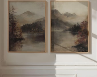 Moody Fall Lake Landscape Set of 2 - Rustic Dark Fall Farmhouse Wall Art, Muted Countryside Autumn Print, Cottagecore Decor Digital Download