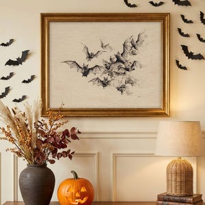 Vintage Bat Sketch Print - Neutral Gothic Halloween Wall Art, Spooky Cottagecore Fall Printable