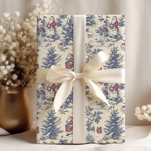 Vintage Christmas Toile Wrapping Paper, Blue and Red Vintage Santa Holiday Gift Wrap, Elegant Nostalgic Christmas Gift Wrapping Paper Roll