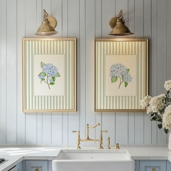 Juego de arte mural de hortensias rayadas: estampados florales de estilo francés, decoración vintage milenaria imprimible para regalar.
