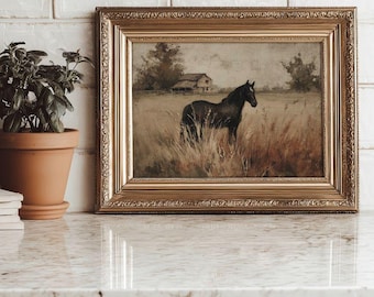 Rustic Horse Farmhouse Print - Moody Countryside Equestrian Decor, Wild West Pastoral Landscape Printable