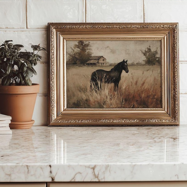 Rustieke print paard boerderij - humeurig platteland hippisch decor, afdrukbare wilde westen pastoraal landschap