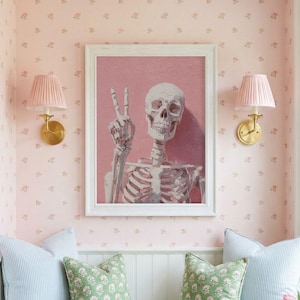 Pink Skeleton Halloween Print - Whimsical Pastel Goth Printable, Spooky Girly Gothic Fall Wall Art