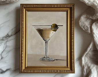 Vintage print vuile martini-olijven - retro schilderij Franse landelijke keuken, neutraal decor bar Cart