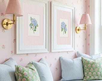 Pink Striped Hydrangea Set – Pastel Coastal Grandmother Prints, Preppy Nursery, French Country Cottagecore Floral