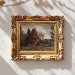Vintage Fall Landscape Print - Rustic Autumn Farmhouse Decor, Moody Cottagecore Muted Printable