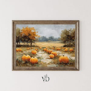Stampa vintage di un campo di zucche: paesaggio rustico autunnale in stile fattoria (download digitale stampabile)