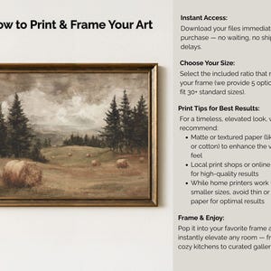 May include: A framed landscape art print featuring a pastoral scene with hay bales, trees, and a cloudy sky. The artwork is in a gold-toned frame. Text on the right side provides instructions on printing and framing the art, including size options and print tips.