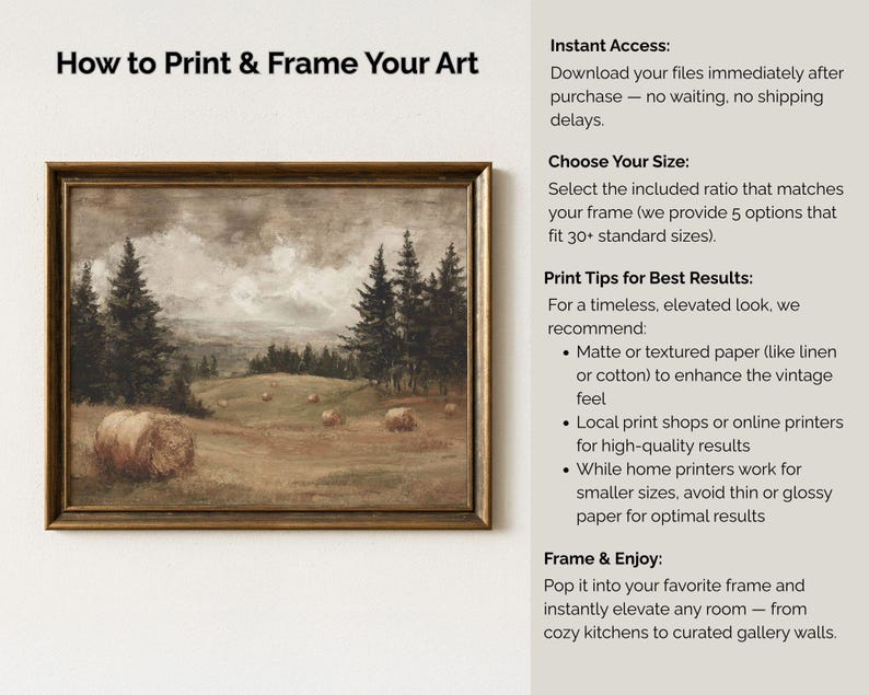 May include: A framed landscape art print featuring a pastoral scene with hay bales, trees, and a cloudy sky. The artwork is in a gold-toned frame. Text on the right side provides instructions on printing and framing the art, including size options and print tips.