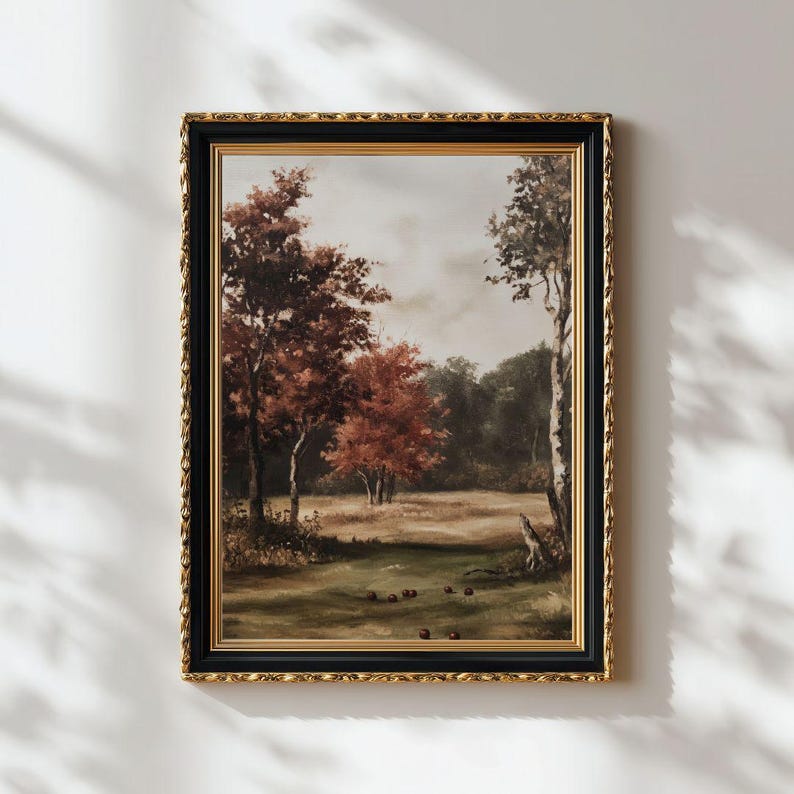 Apple Orchard Fall Landscape Print - Vintage Farmhouse Autumn Wall Art, Cottagecore Harvest Printable