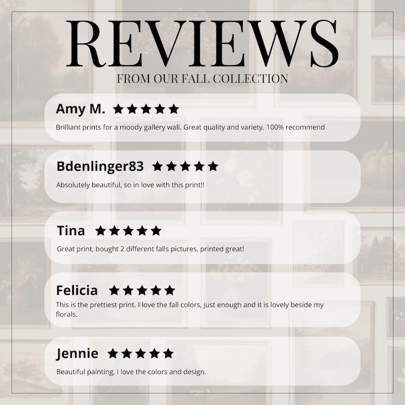Pu&ograve; includere: Immagine con recensioni dei clienti di una collezione autunnale. La parola "REVIEWS" &egrave; in alto, seguita da testimonianze con valutazioni a stelle. Le recensioni evidenziano la qualit&agrave; di stampa, la variet&agrave; e la bellezza dei colori autunnali.