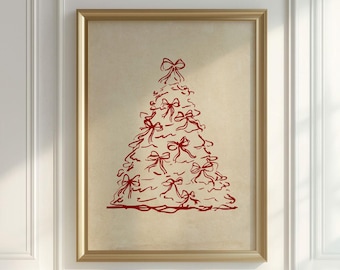 May include: A framed print with a red Christmas tree design and bows on a beige background. The artwork is in a gold frame and includes the text "VINTAGE DISCO Curated Timeless Art" at the top.
