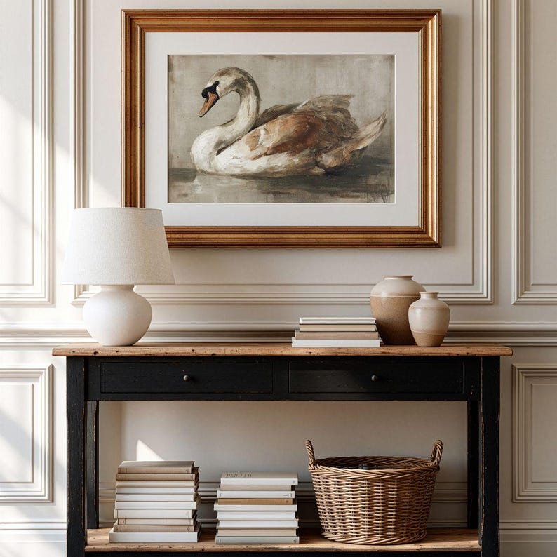 Vintage Swan Print -  Rustic French Country Fall Farmhouse Printable, Cottagecore Autumn Classic Bird Art