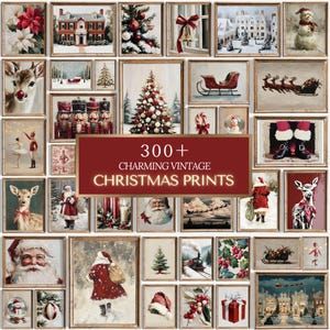 May include: A collection of framed vintage Christmas prints. The prints feature festive scenes including Santa Claus, reindeer, Christmas trees, and winter landscapes. The text "300+ Charming Vintage Christmas Prints" is displayed on a red banner.