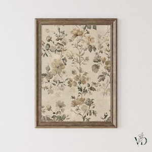 French Country Floral Textile Print - Vintage Botanical Wall Art, Neutral Spring Farmhouse Decor