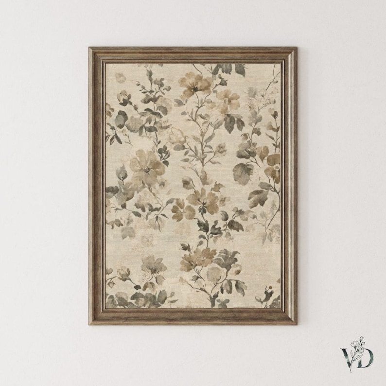 French Country Floral Textile Print - Vintage Botanical Wall Art, Neutral Spring Farmhouse Decor