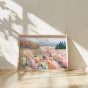 Pink Pumpkin Patch Wall Art - Pastel Fall Landscape Printable, Cottagecore Autumn Decor, Preppy Halloween Art, Cozy Seasonal Farmhouse Print