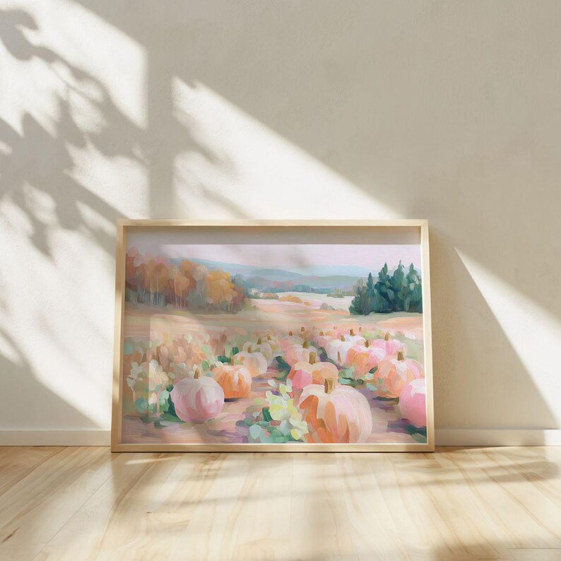 Pink Pumpkin Patch Wall Art - Pastel Fall Landscape Printable, Cottagecore Autumn Decor, Preppy Halloween Art, Cozy Seasonal Farmhouse Print