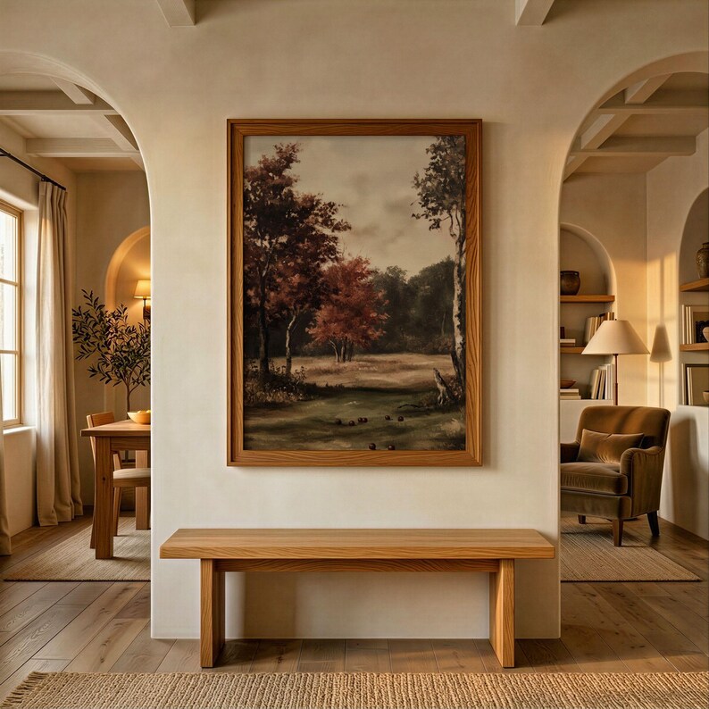 Apple Orchard Fall Landscape Print - Vintage Farmhouse Autumn Wall Art, Cottagecore Harvest Printable